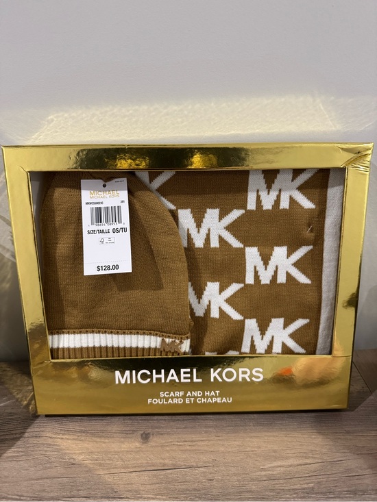 Michael Kors Accessories - Michael Kors Brown and White MK Logo Scarf & Beanie Gift Set